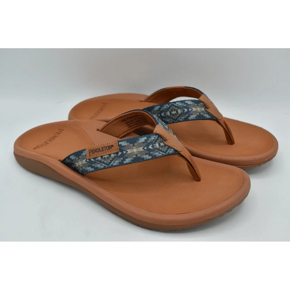 Pendleton Mens Size 10 Brown Blue Geometric Southwestern Flip Flop Sandals Shoes